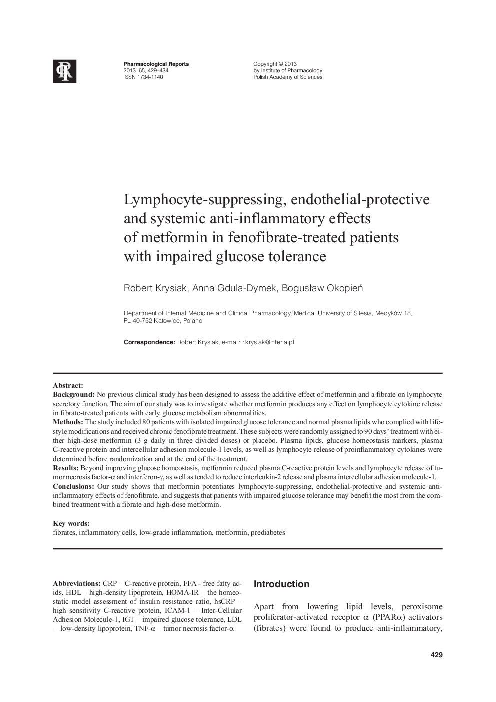 Lymphocyte-suppressing, endothelial-protective and systemic anti-inflammatory effects of metformin in fenofibrate-treated patients with impaired glucose tolerance