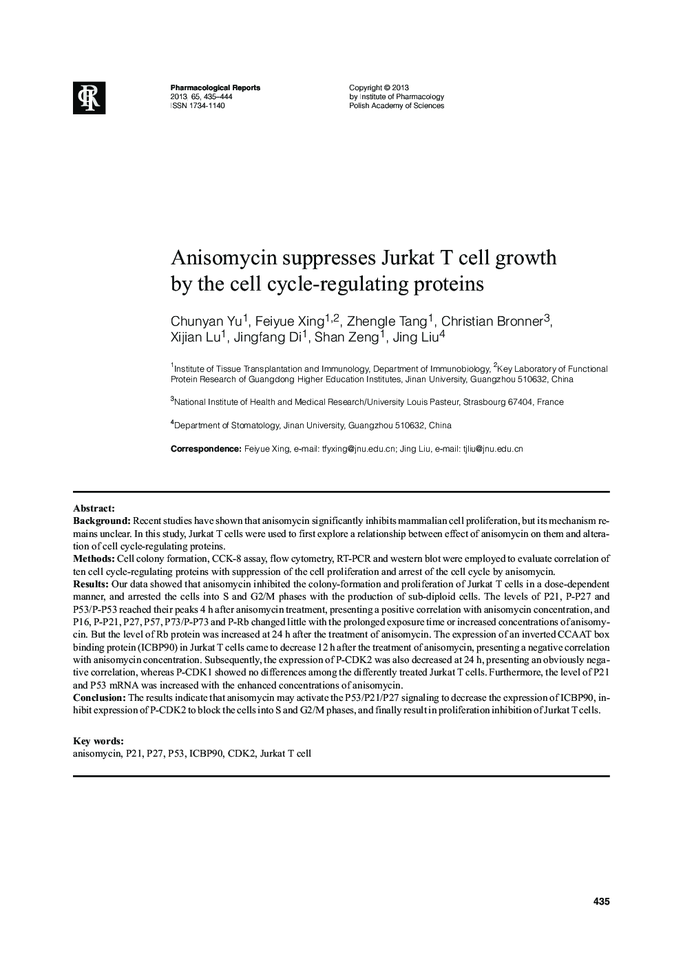 Anisomycin suppresses Jurkat T cell growth by the cell cycle-regulating proteins