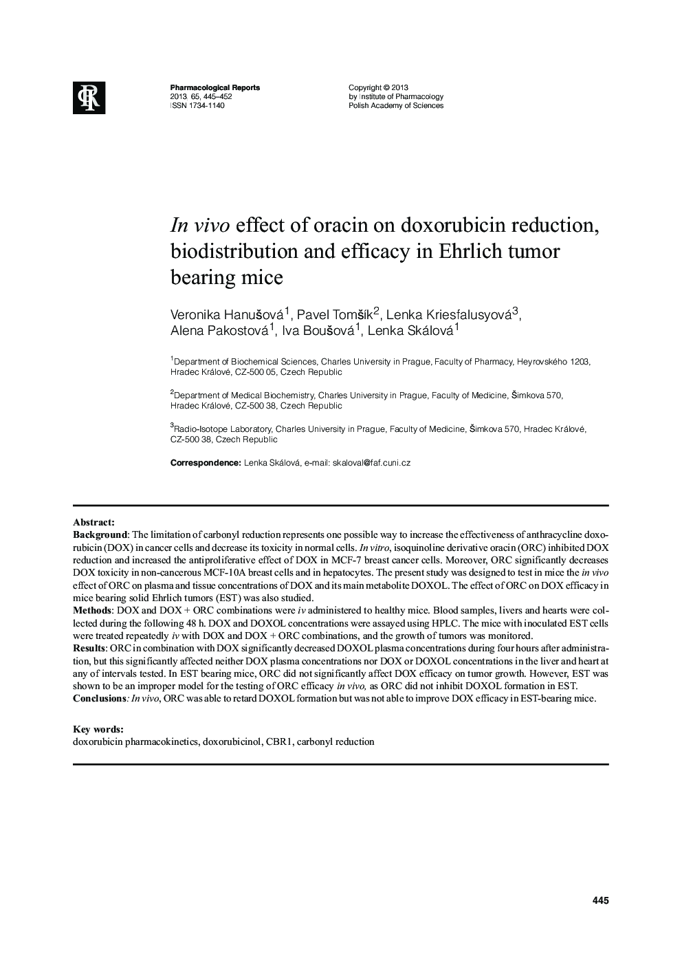 In vivo effect of oracin on doxorubicin reduction, biodistribution and efficacy in Ehrlich tumor bearing mice