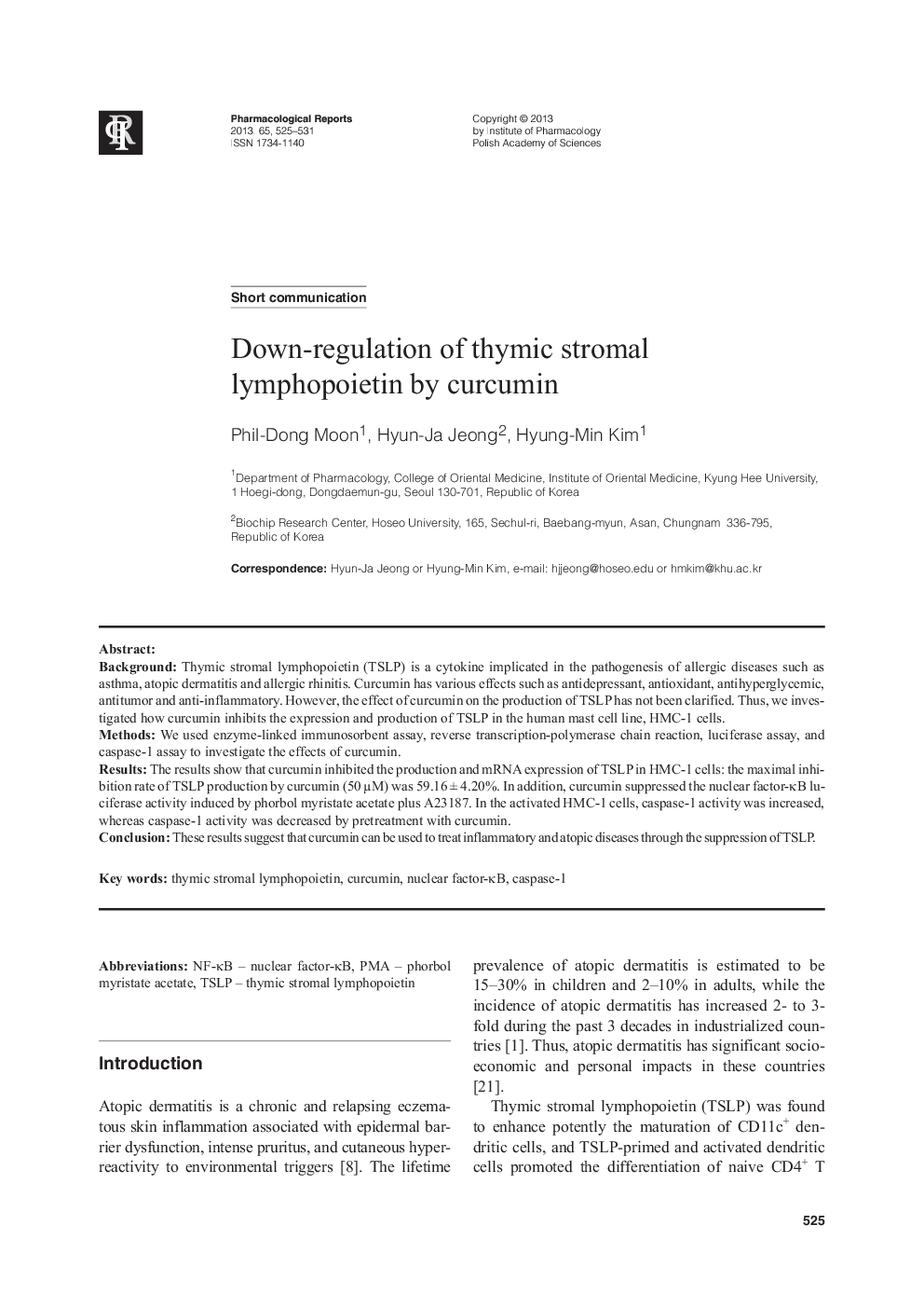 Down-regulation of thymic stromal lymphopoietin by curcumin