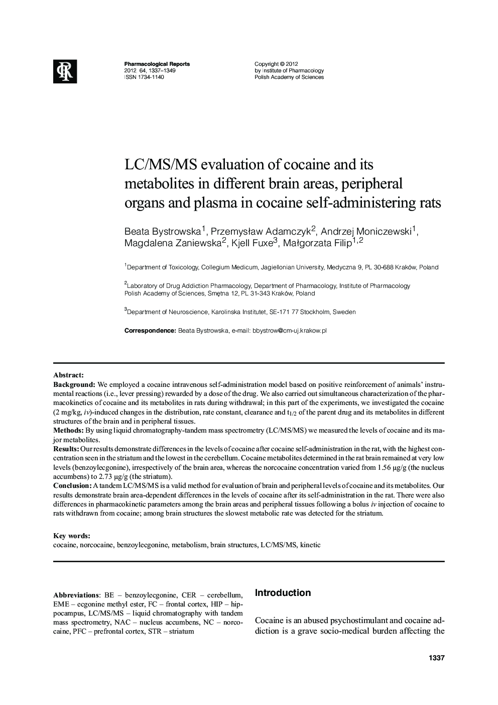 LC/MS/MS evaluation of cocaine and its metabolites in different brain areas, peripheral organs and plasma in cocaine self-administering rats