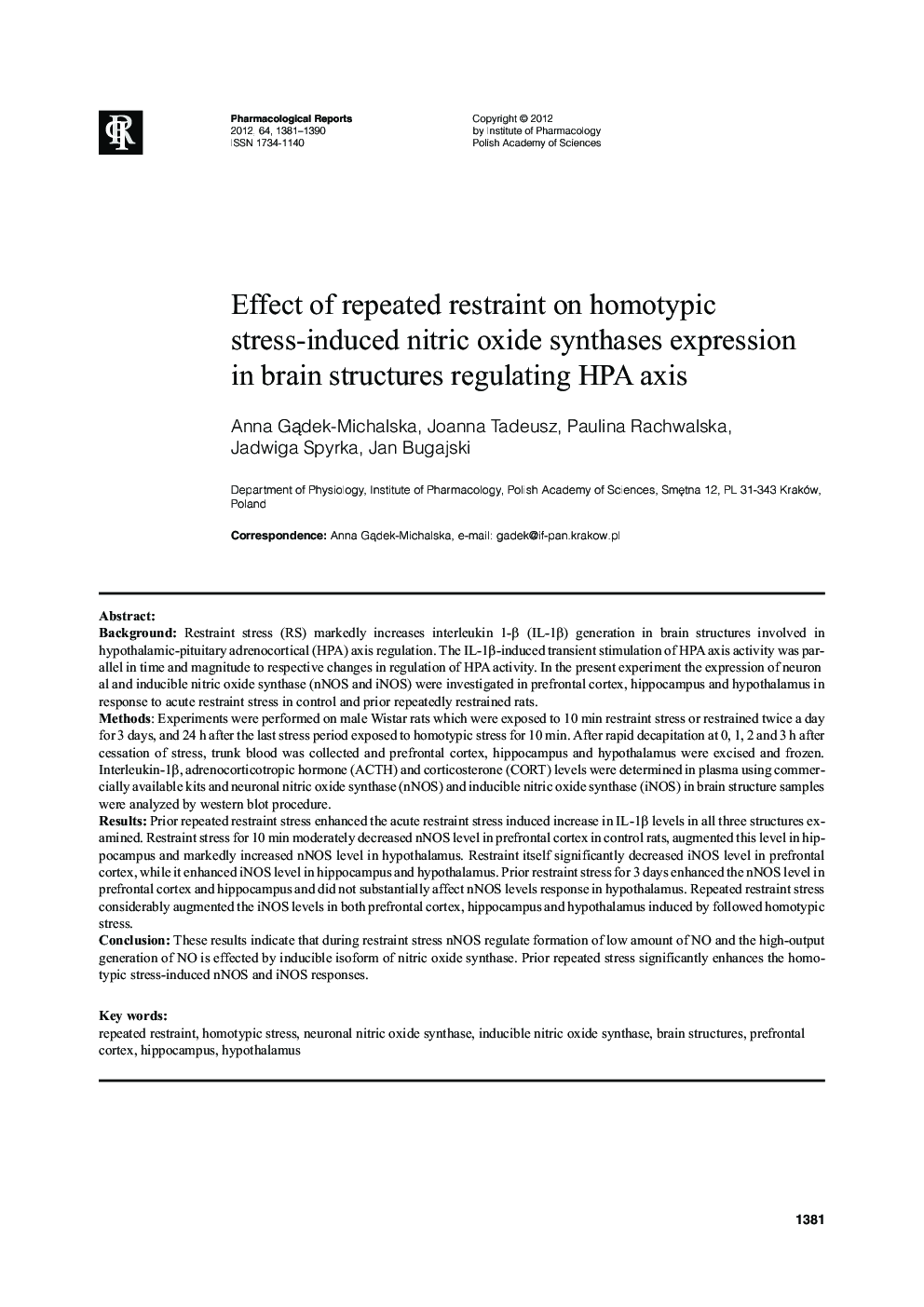 Effect of repeated restraint on homotypic stress-induced nitric oxide synthases expression in brain structures regulating HPA axis