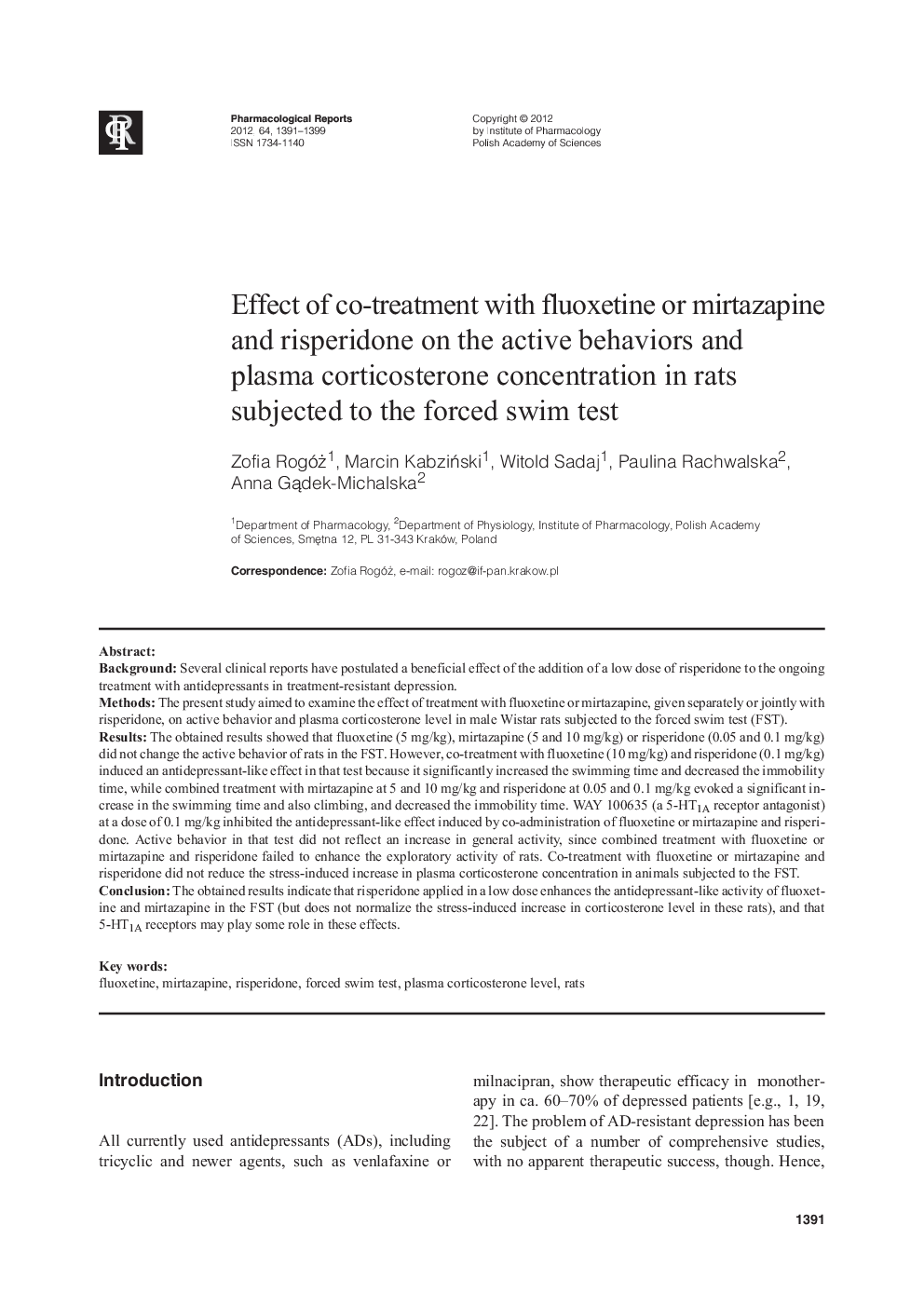 Effect of co-treatment with fluoxetine or mirtazapine and risperidone on the active behaviors and plasma corticosterone concentration in rats subjected to the forced swim test