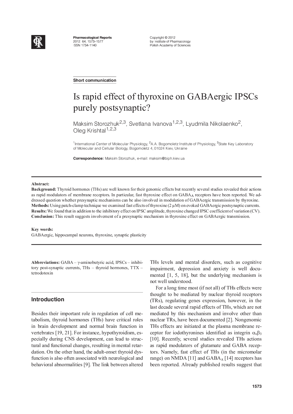 Is rapid effect of thyroxine on GABAergic IPSCs purely postsynaptic?