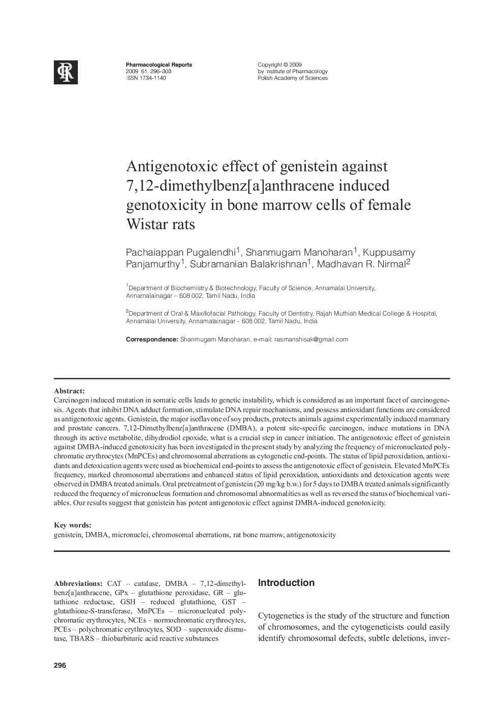 Antigenotoxic effect of genistein against 7,12-dimethylbenz[a]anthracene induced genotoxicity in bone marrow cells of female wistar rats