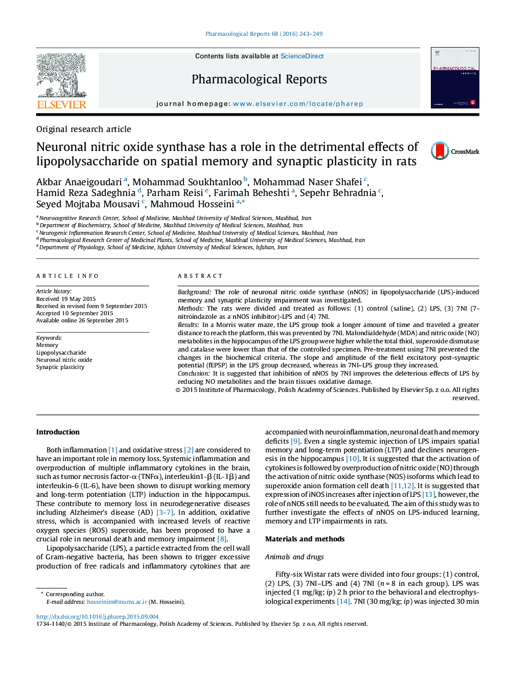 Neuronal nitric oxide synthase has a role in the detrimental effects of lipopolysaccharide on spatial memory and synaptic plasticity in rats