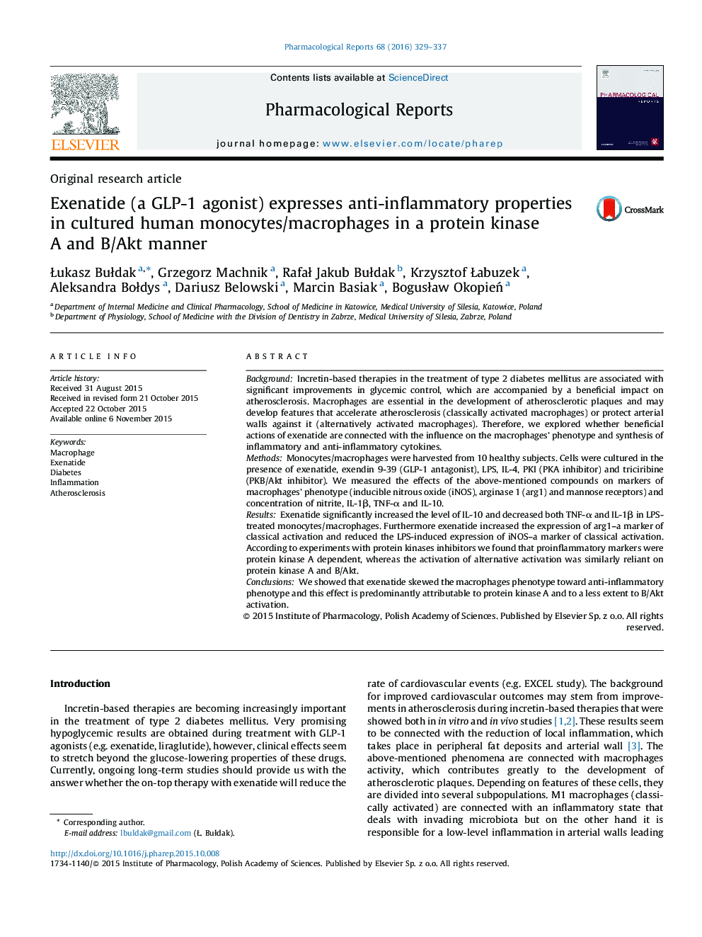 Exenatide (a GLP-1 agonist) expresses anti-inflammatory properties in cultured human monocytes/macrophages in a protein kinase A and B/Akt manner