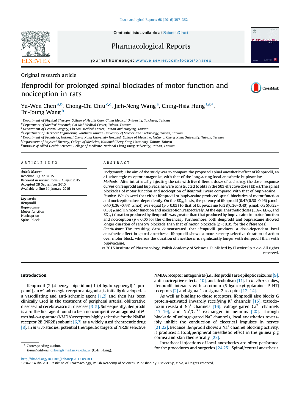 Ifenprodil for prolonged spinal blockades of motor function and nociception in rats