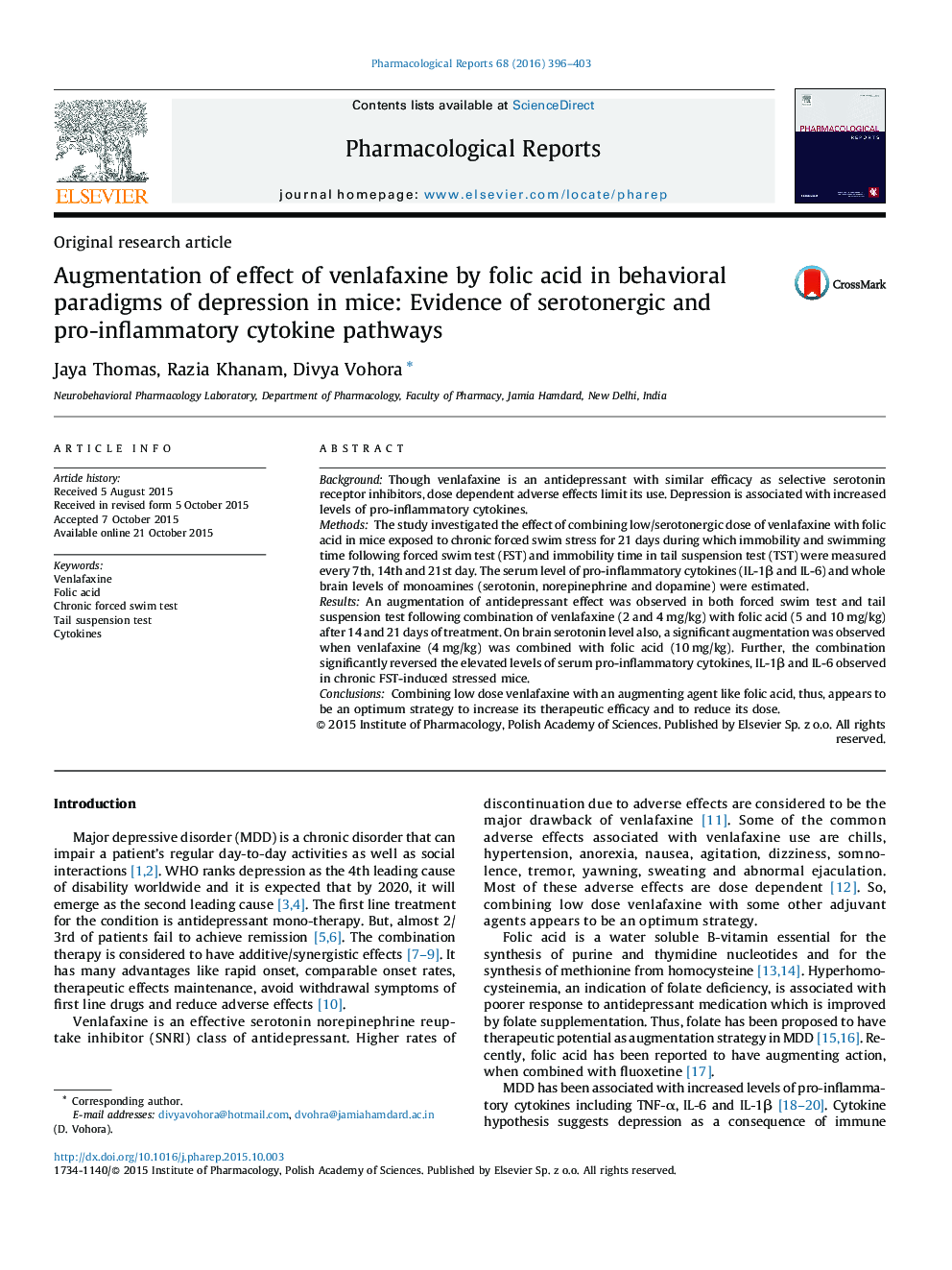 Augmentation of effect of venlafaxine by folic acid in behavioral paradigms of depression in mice: Evidence of serotonergic and pro-inflammatory cytokine pathways