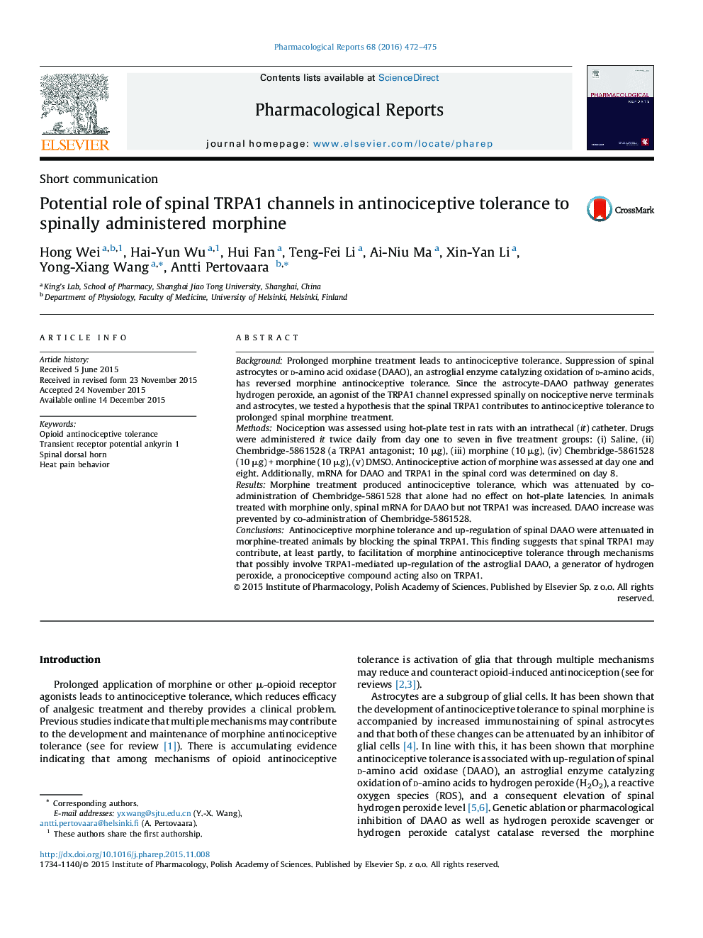 Potential role of spinal TRPA1 channels in antinociceptive tolerance to spinally administered morphine