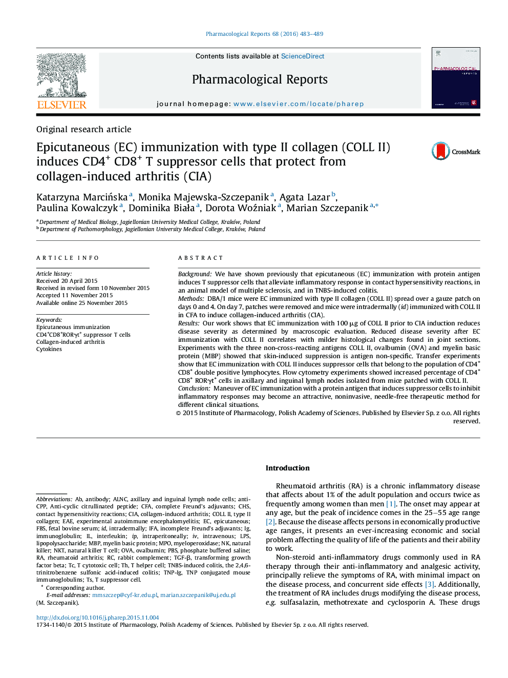 Epicutaneous (EC) immunization with type II collagen (COLL II) induces CD4+ CD8+ T suppressor cells that protect from collagen-induced arthritis (CIA)