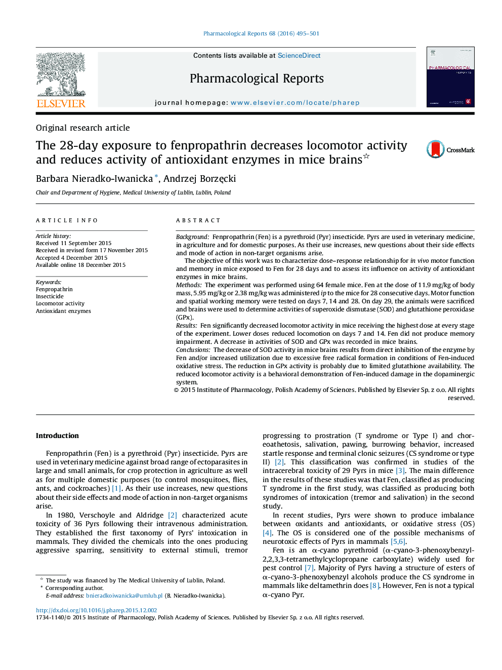 The 28-day exposure to fenpropathrin decreases locomotor activity and reduces activity of antioxidant enzymes in mice brains 