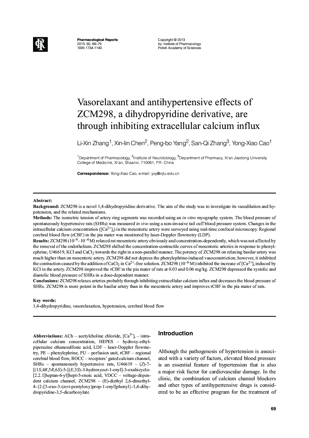 Vasorelaxant and antihypertensive effects of ZCM298, a dihydropyridine derivative, are through inhibiting extracellular calcium influx