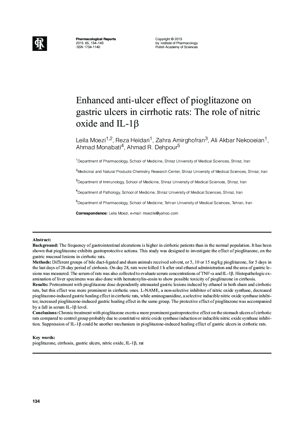 Enhanced anti-ulcer effect of pioglitazone on gastric ulcers in cirrhotic rats: The role of nitric oxide and IL-1β