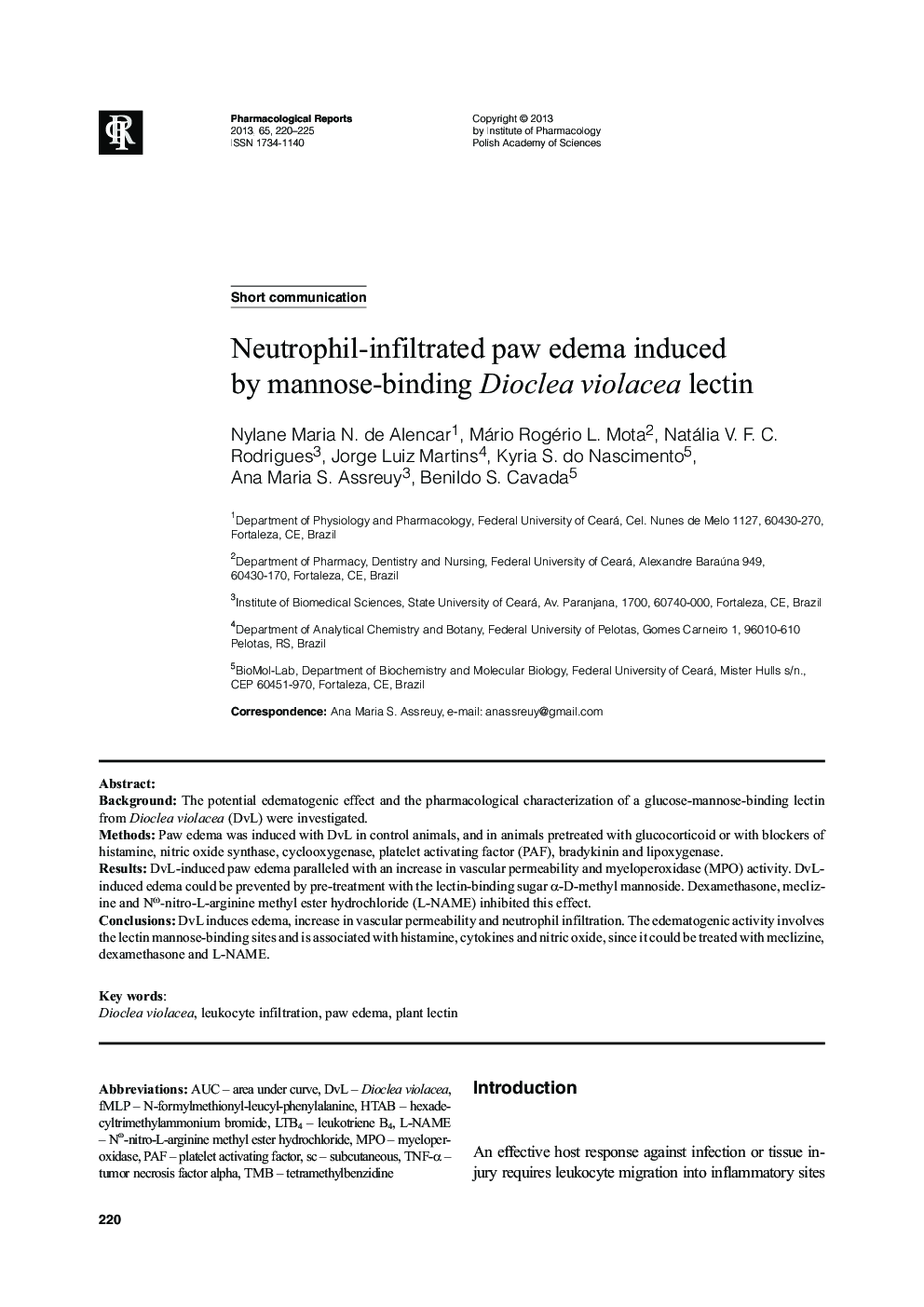 Neutrophil-infiltrated paw edema induced by mannose-binding Dioclea violacea lectin