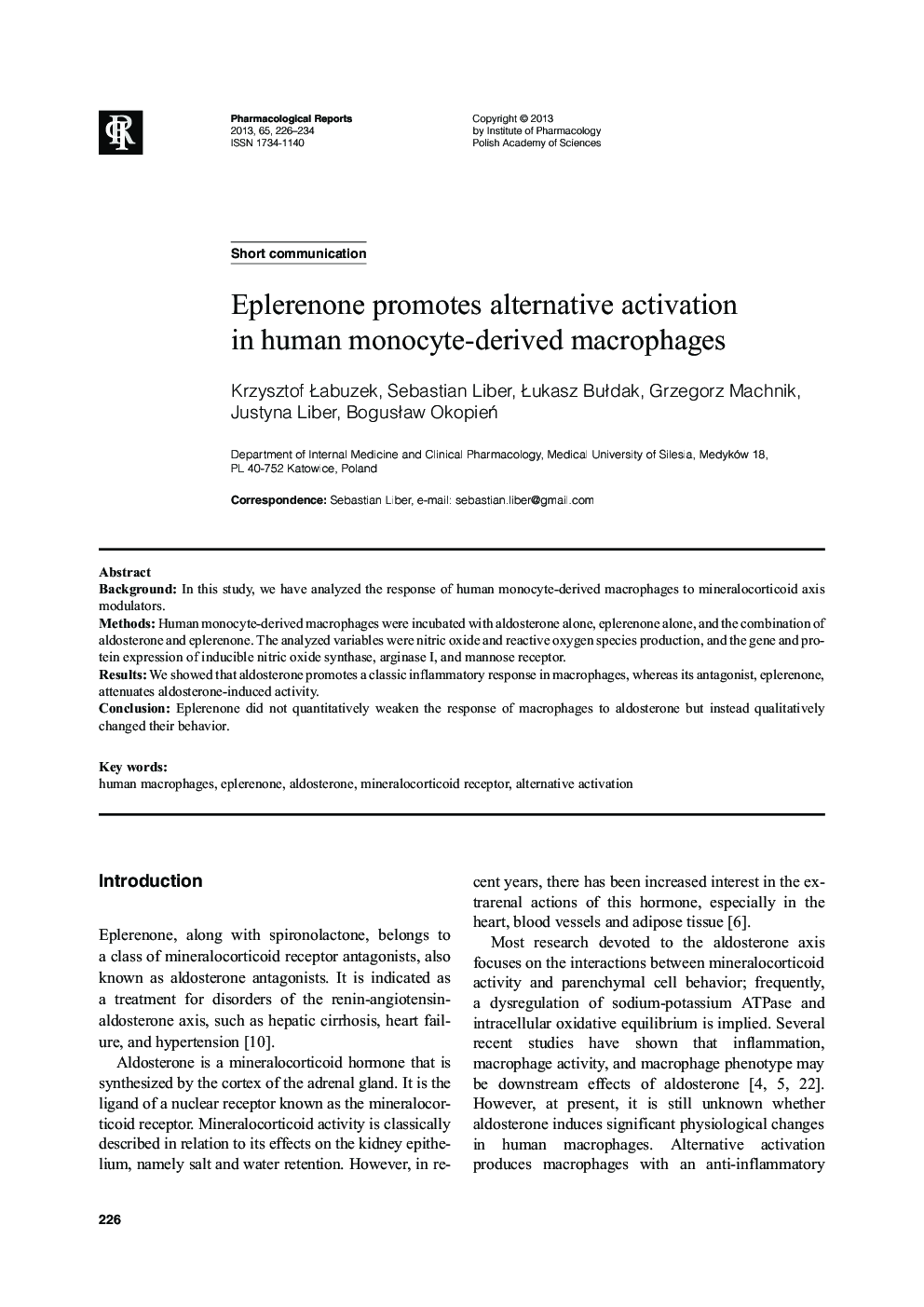 Eplerenone promotes alternative activation in human monocyte-derived macrophages