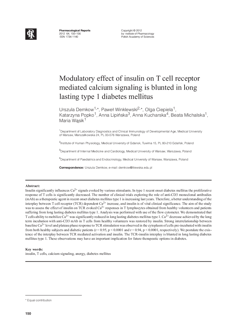 Modulatory effect of insulin on T cell receptor mediated calcium signaling is blunted in long lasting type 1 diabetes mellitus