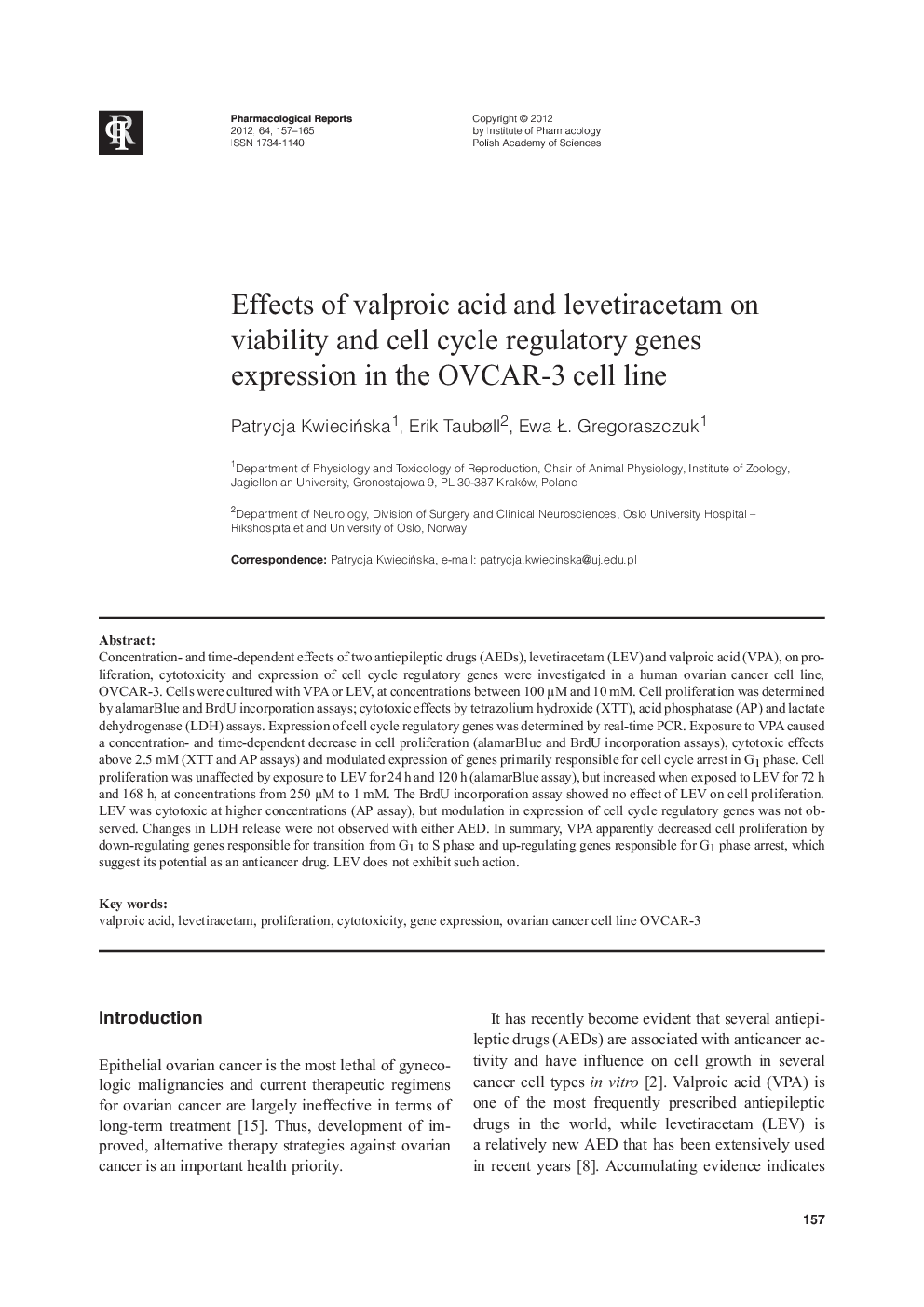 Effects of valproic acid and levetiracetam on viability and cell cycle regulatory genes expression in the OVCAR-3 cell line