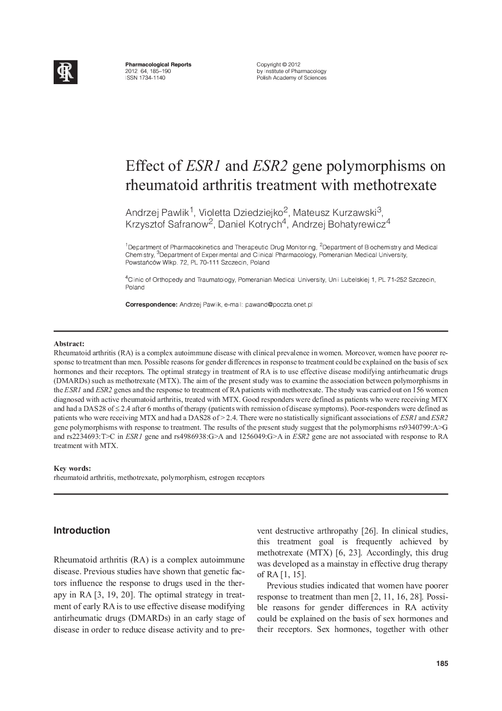 Effect of ESR1 and ESR2 gene polymorphisms on rheumatoid arthritis treatment with methotrexate