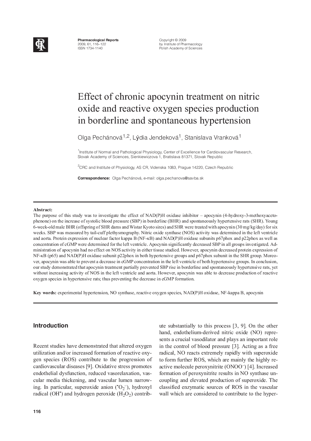 Effect of chronic apocynin treatment on nitric oxide and reactive oxygen species production in borderline and spontaneous hypertension