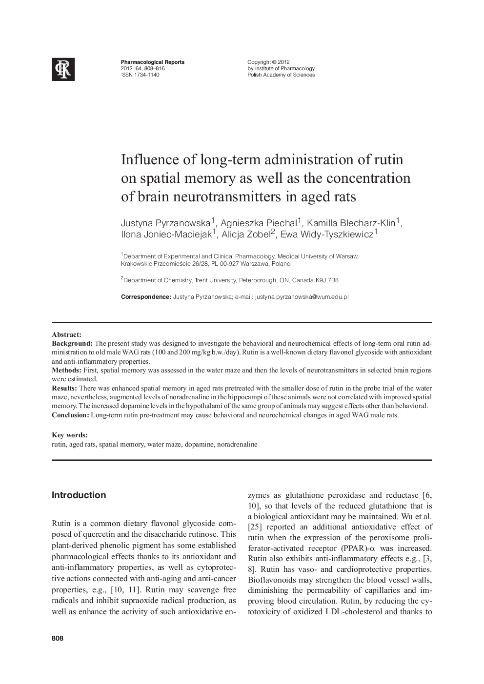 Influence of long-term administration of rutin on spatial memory as well as the concentration of brain neurotransmitters in aged rats