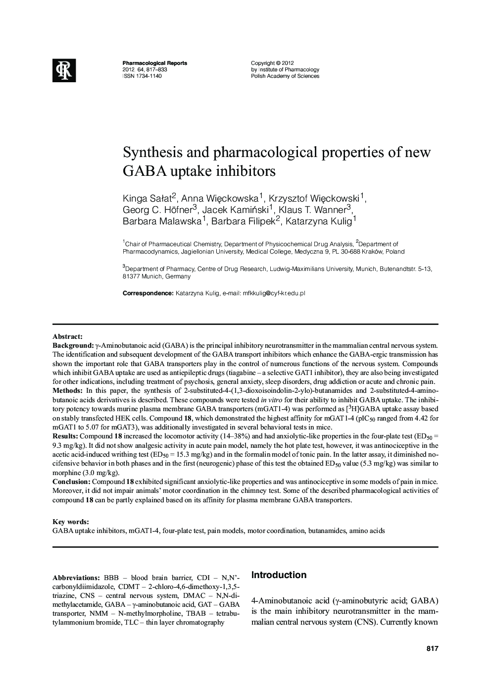 Synthesis and pharmacological properties of new GABA uptake inhibitors