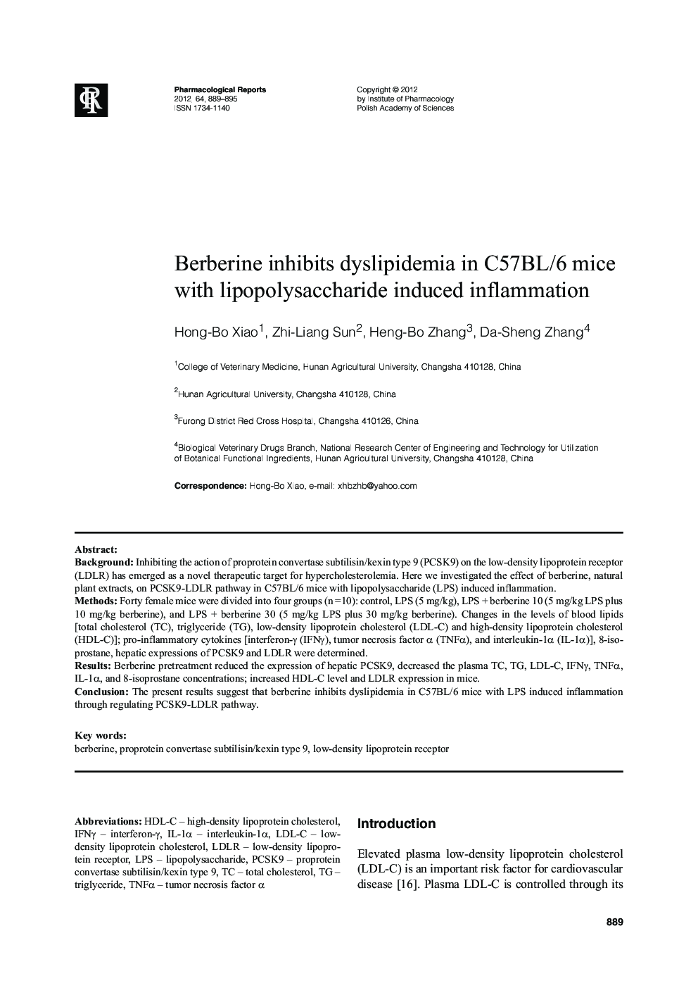 Berberine inhibits dyslipidemia in C57BL/6 mice with lipopolysaccharide induced inflammation