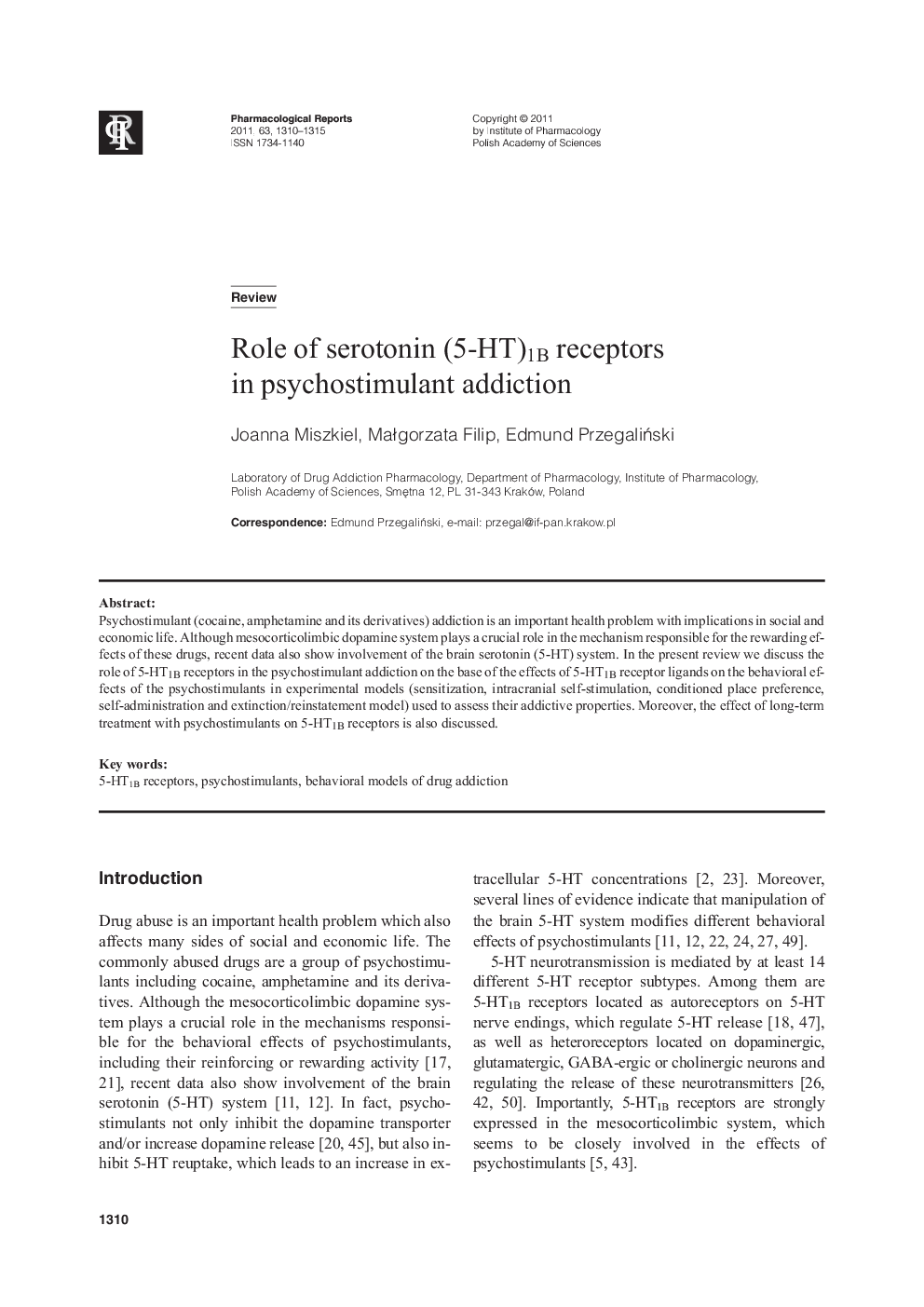 Role of serotonin (5-HT)1B receptors in psychostimulant addiction