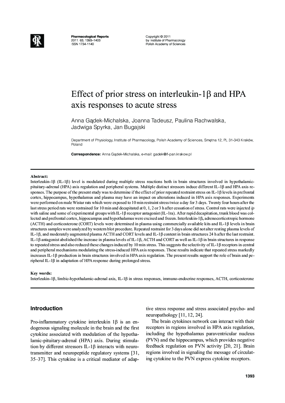 Effect of prior stress on interleukin-1β and HPA axis responses to acute stress