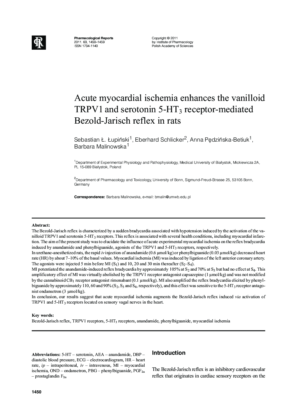 Acute myocardial ischemia enhances the vanilloid TRPV1 and serotonin 5-HT3 receptor-mediated Bezold-Jarisch reflex in rats