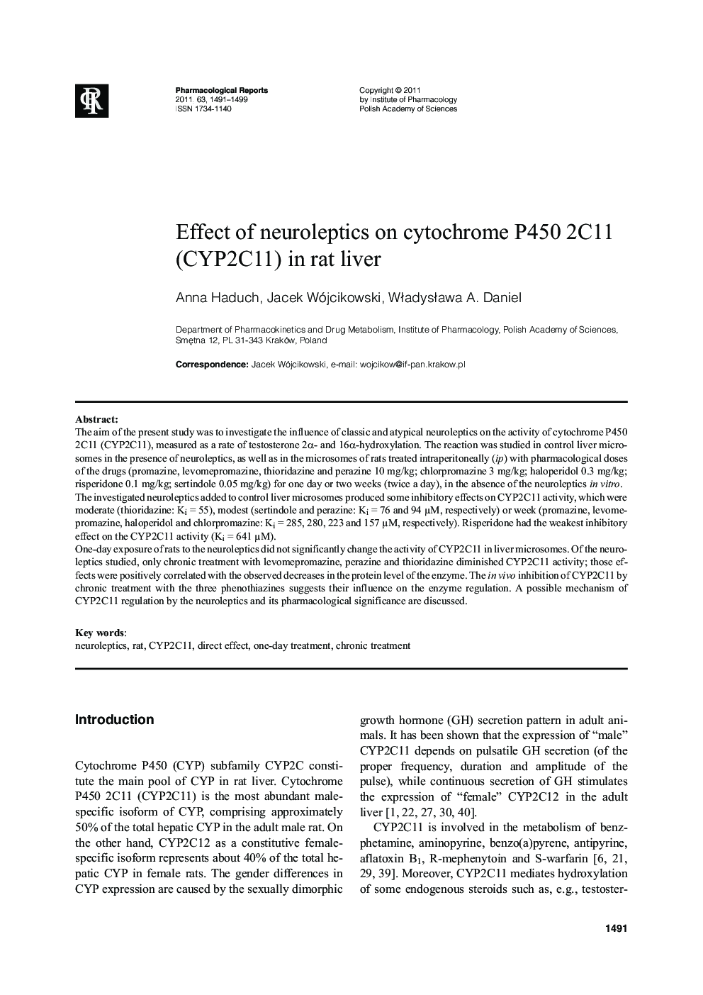 Effect of neuroleptics on cytochrome P450 2C11 (CYP2C11) in rat liver