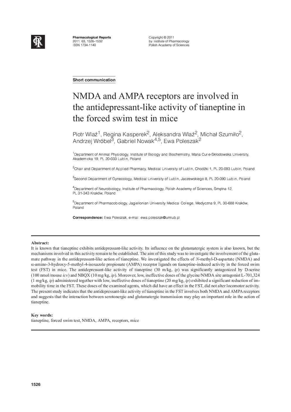NMDA and AMPA receptors are involved in the antidepressant-like activity of tianeptine in the forced swim test in mice