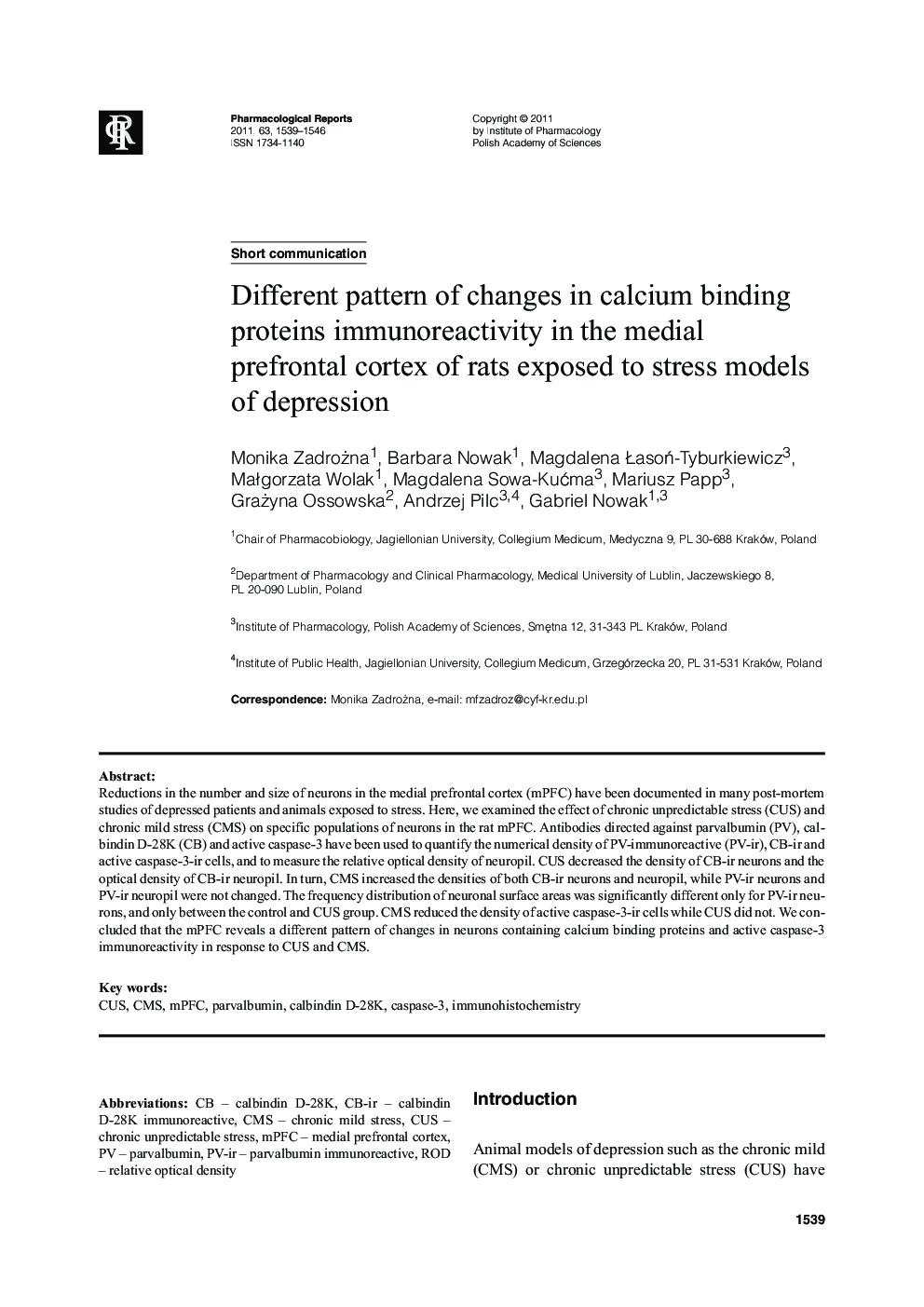 Different pattern of changes in calcium binding proteins immunoreactivity in the medial prefrontal cortex of rats exposed to stress models of depression