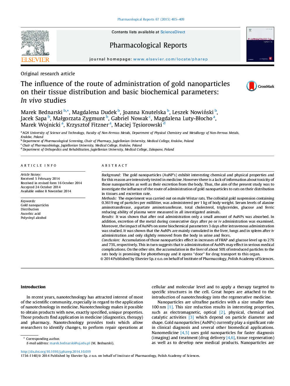 The influence of the route of administration of gold nanoparticles on their tissue distribution and basic biochemical parameters: In vivo studies