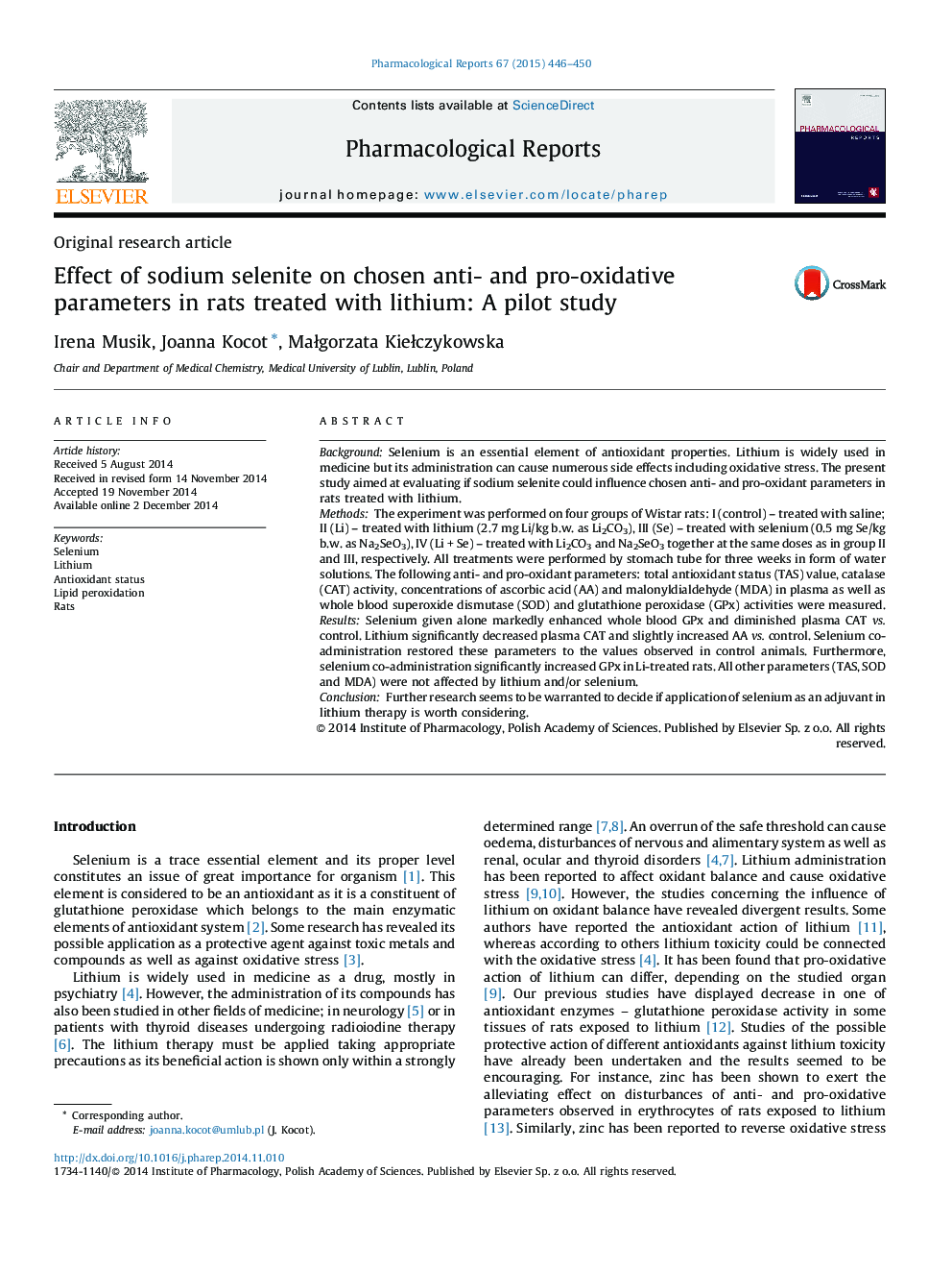 اثر سلنیت سدیم بر پارامترهای ضد و اکسیداتیو انتخابی در موش های صحرایی با لیتیوم: یک مطالعه آزمایشی 