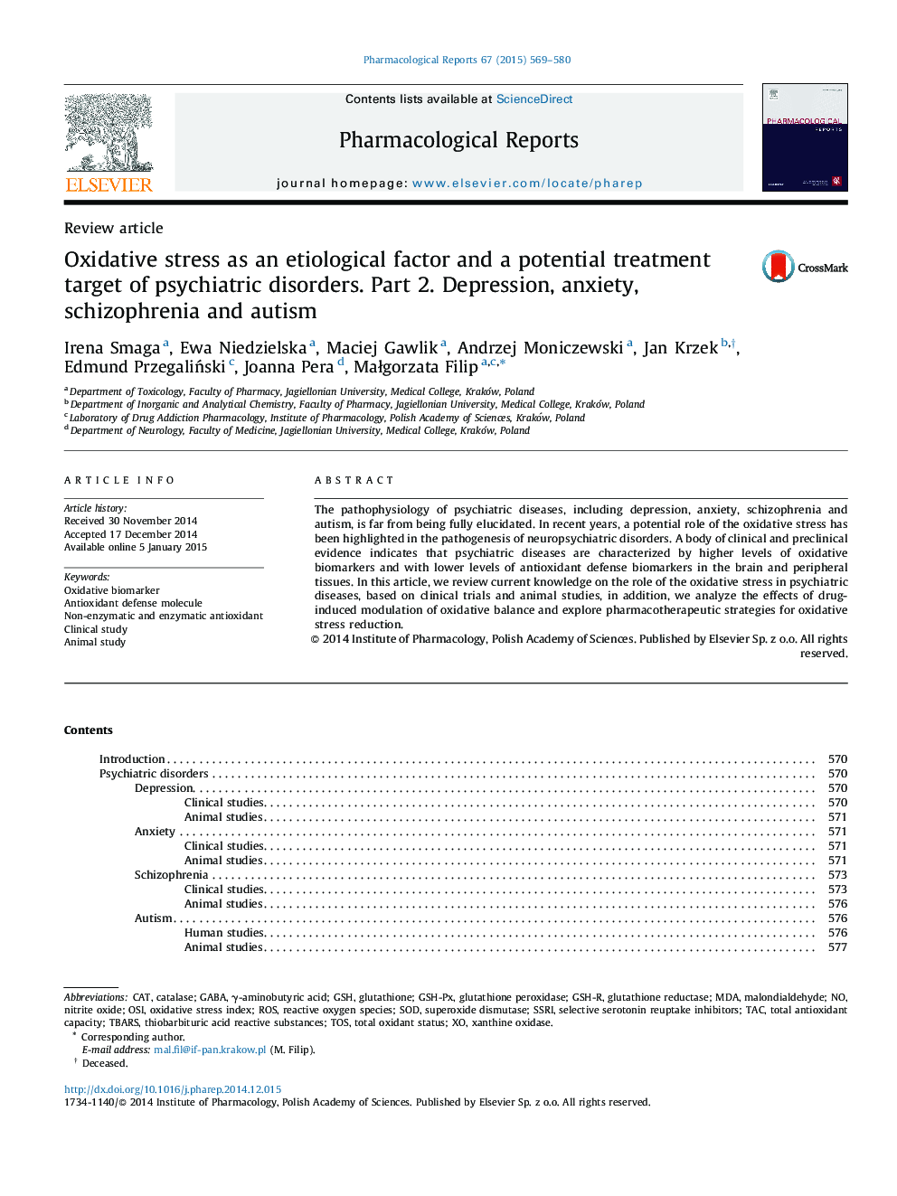 Oxidative stress as an etiological factor and a potential treatment target of psychiatric disorders. Part 2. Depression, anxiety, schizophrenia and autism