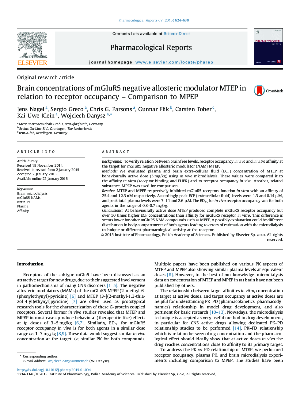 Brain concentrations of mGluR5 negative allosteric modulator MTEP in relation to receptor occupancy – Comparison to MPEP