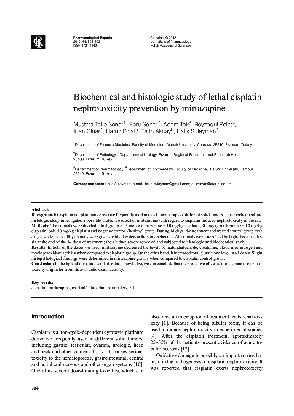 Biochemical and histologic study of lethal cisplatin nephrotoxicity prevention by mirtazapine