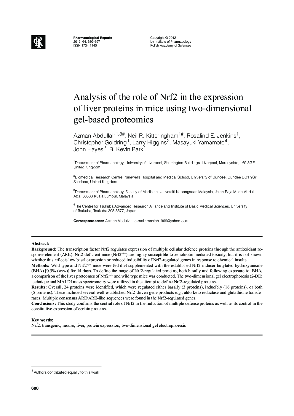 Analysis of the role of Nrf2 in the expression of liver proteins in mice using two-dimensional gel-based proteomics