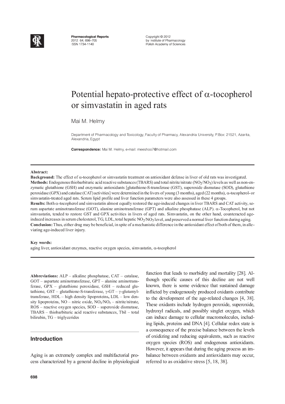 Potential hepato-protective effect of α-tocopherol or simvastatin in aged rats