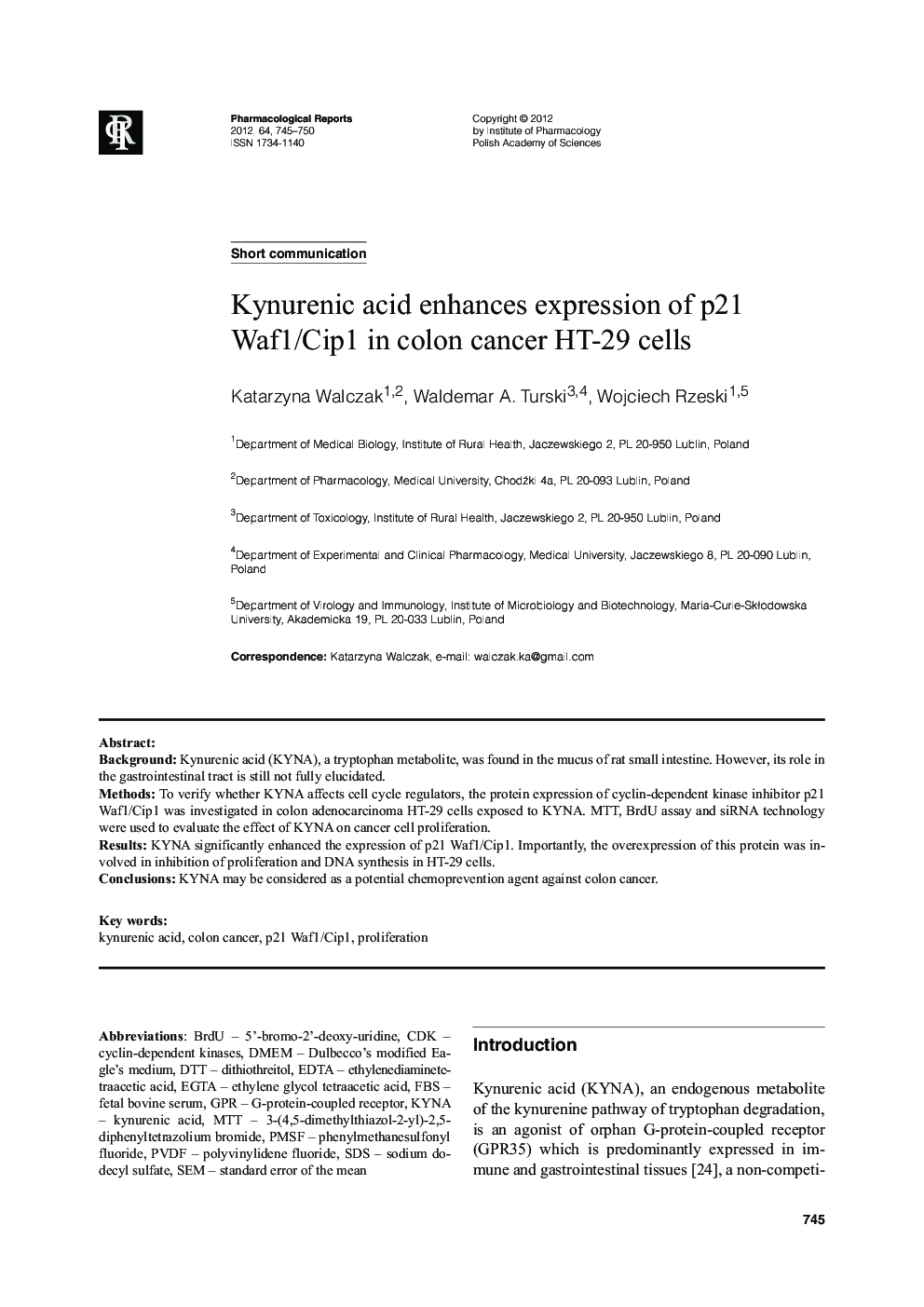 Kynurenic acid enhances expression of p21 Waf1/Cip1 in colon cancer HT-29 cells