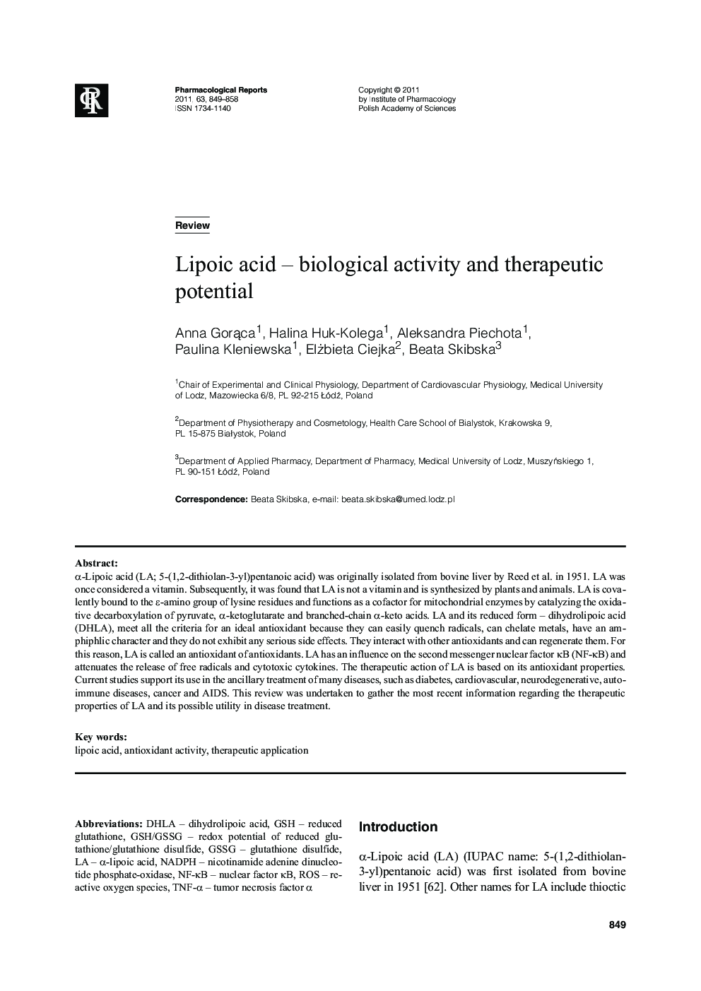 Lipoic acid – biological activity and therapeutic potential