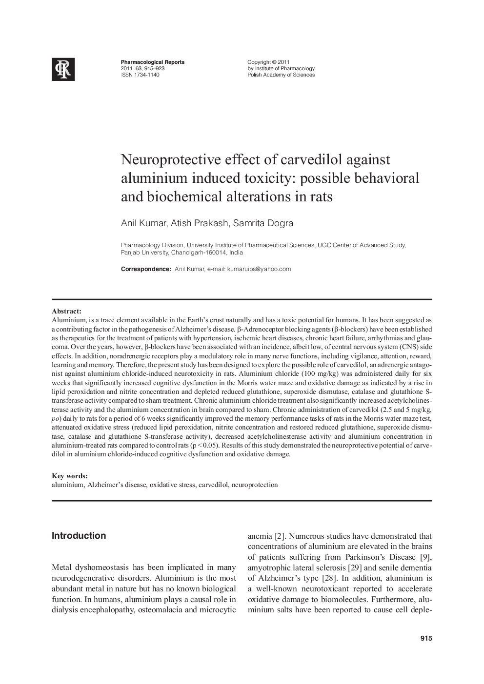 Neuroprotective effect of carvedilol against aluminium induced toxicity: possible behavioral and biochemical alterations in rats