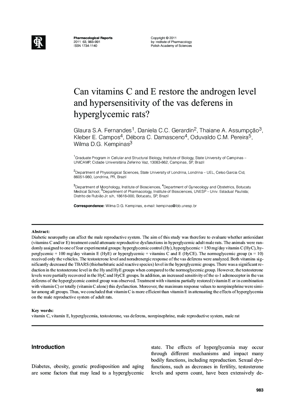 Can vitamins C and E restore the androgen level and hypersensitivity of the vas deferens in hyperglycemic rats?