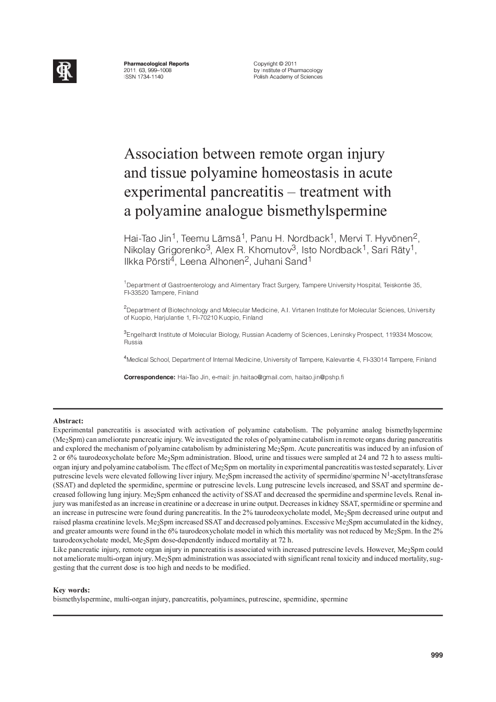 Association between remote organ injury and tissue polyamine homeostasis in acute experimental pancreatitis - treatment with a polyamine analogue bismethylspermine