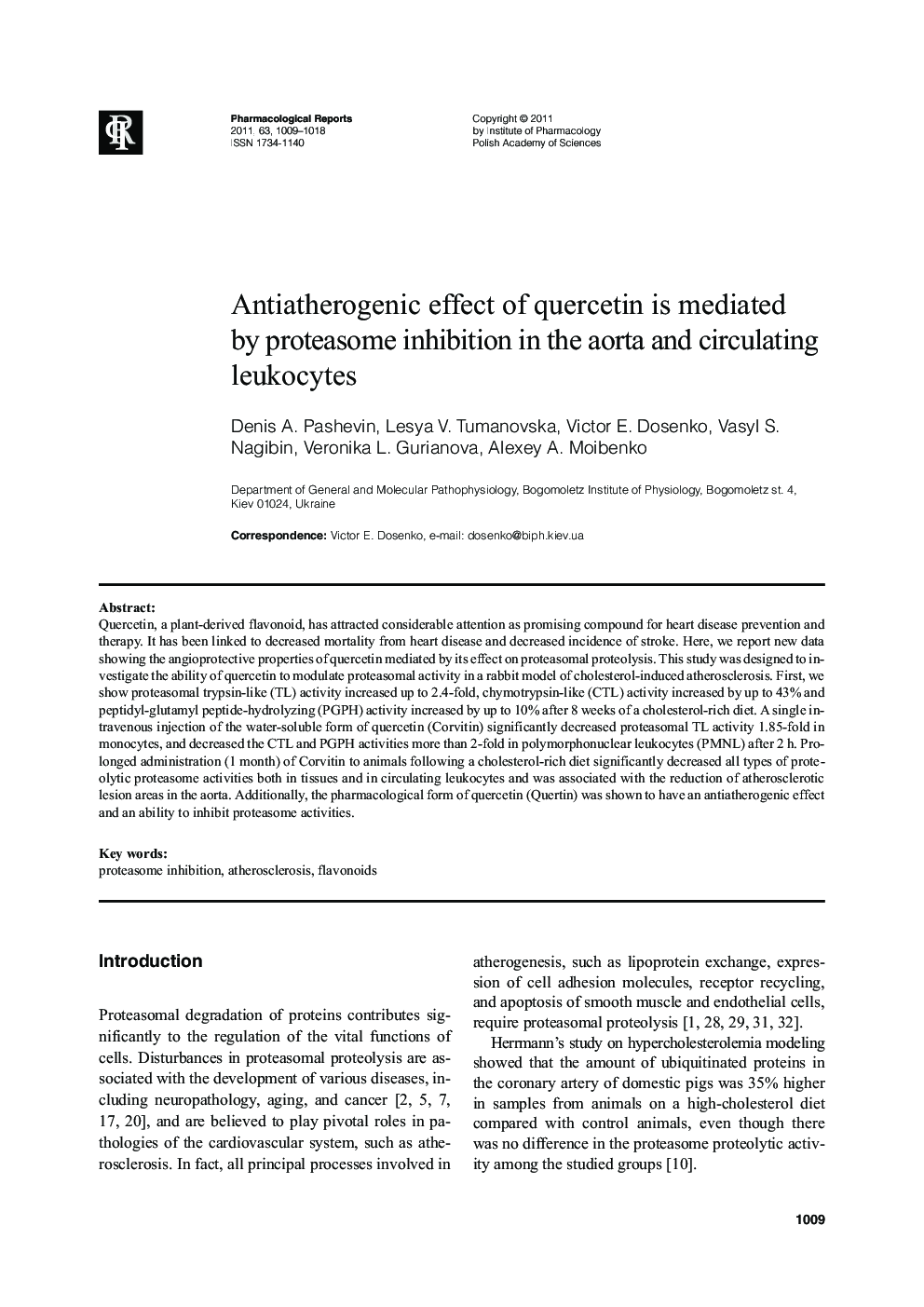 Antiatherogenic effect of quercetin is mediated by proteasome inhibition in the aorta and circulating leukocytes