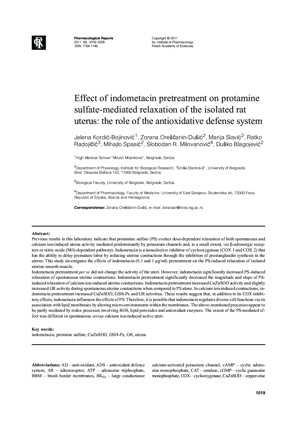 Effect of indometacin pretreatment on protamine sulfate-mediated relaxation of the isolated rat uterus: the role of the antioxidative defense system
