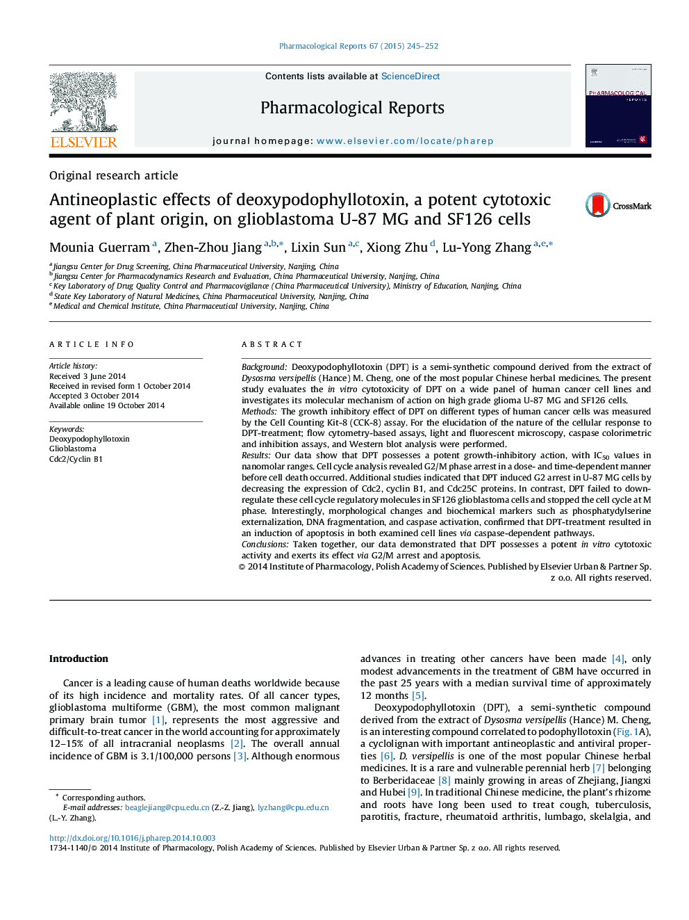 Antineoplastic effects of deoxypodophyllotoxin, a potent cytotoxic agent of plant origin, on glioblastoma U-87 MG and SF126 cells