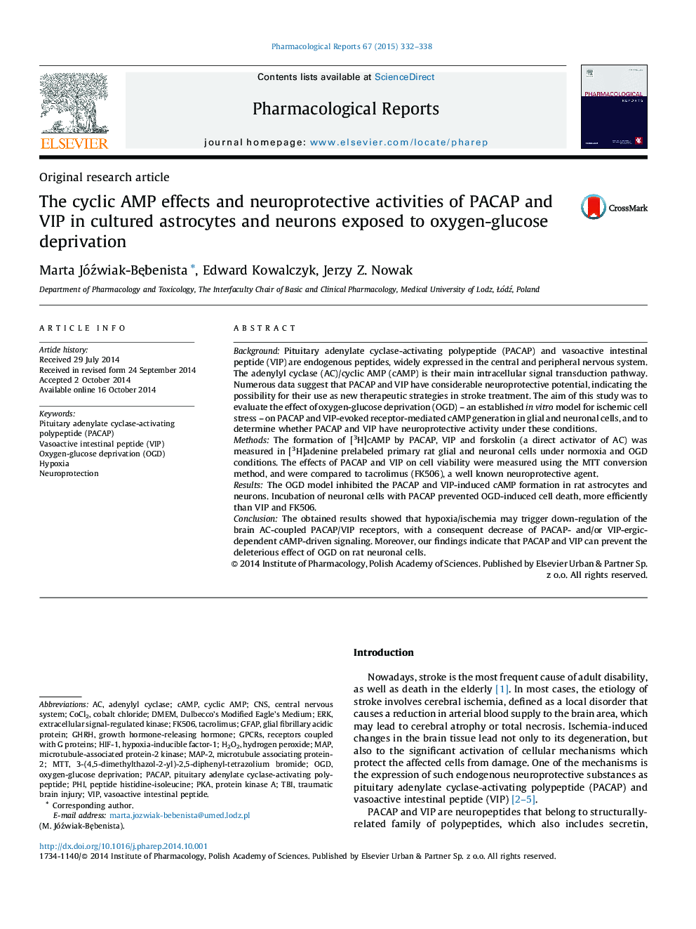 The cyclic AMP effects and neuroprotective activities of PACAP and VIP in cultured astrocytes and neurons exposed to oxygen-glucose deprivation