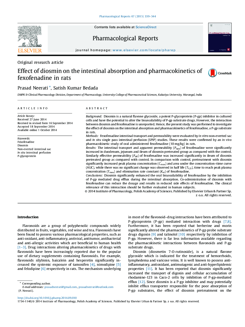 Effect of diosmin on the intestinal absorption and pharmacokinetics of fexofenadine in rats